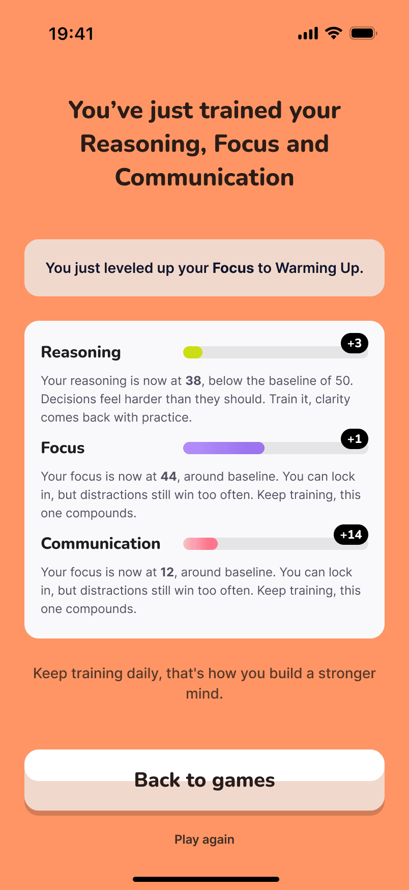 Brain Fitness baseline report in the Brightmind Pro app