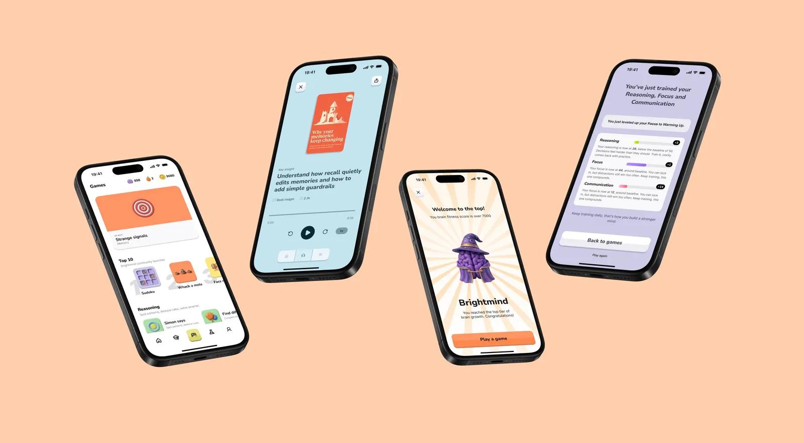 The Brightmind Pro app shown on four phones